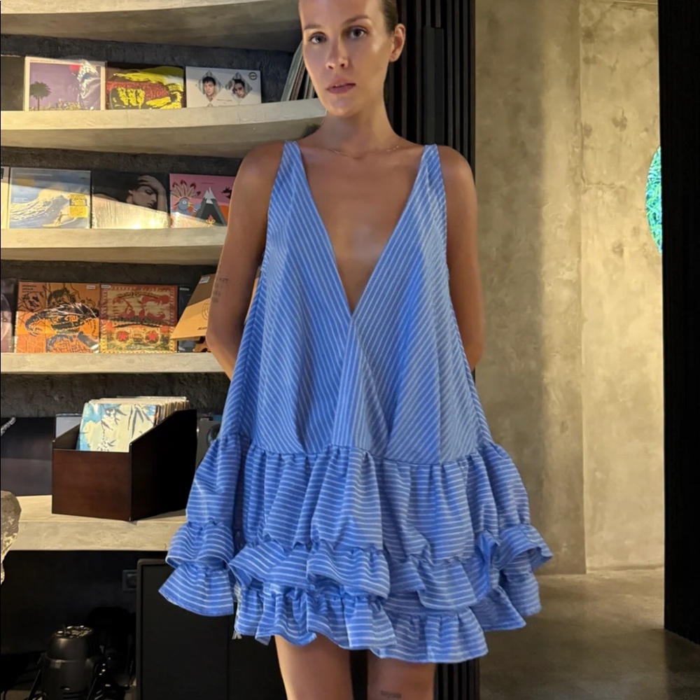 PINSTRIPE LAYERED RUFFLE DRESS in SKY BLUE/ WHITE